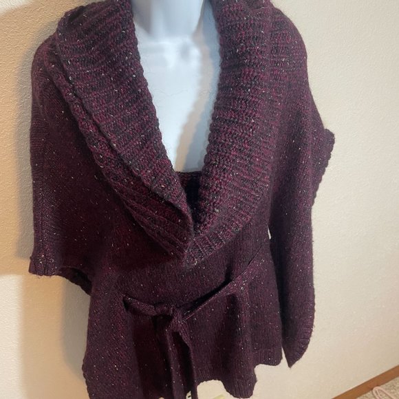 White House Black Market Poncho Sweater Mohair Wool Marled Knit Belted Metallic - Picture 3 of 13